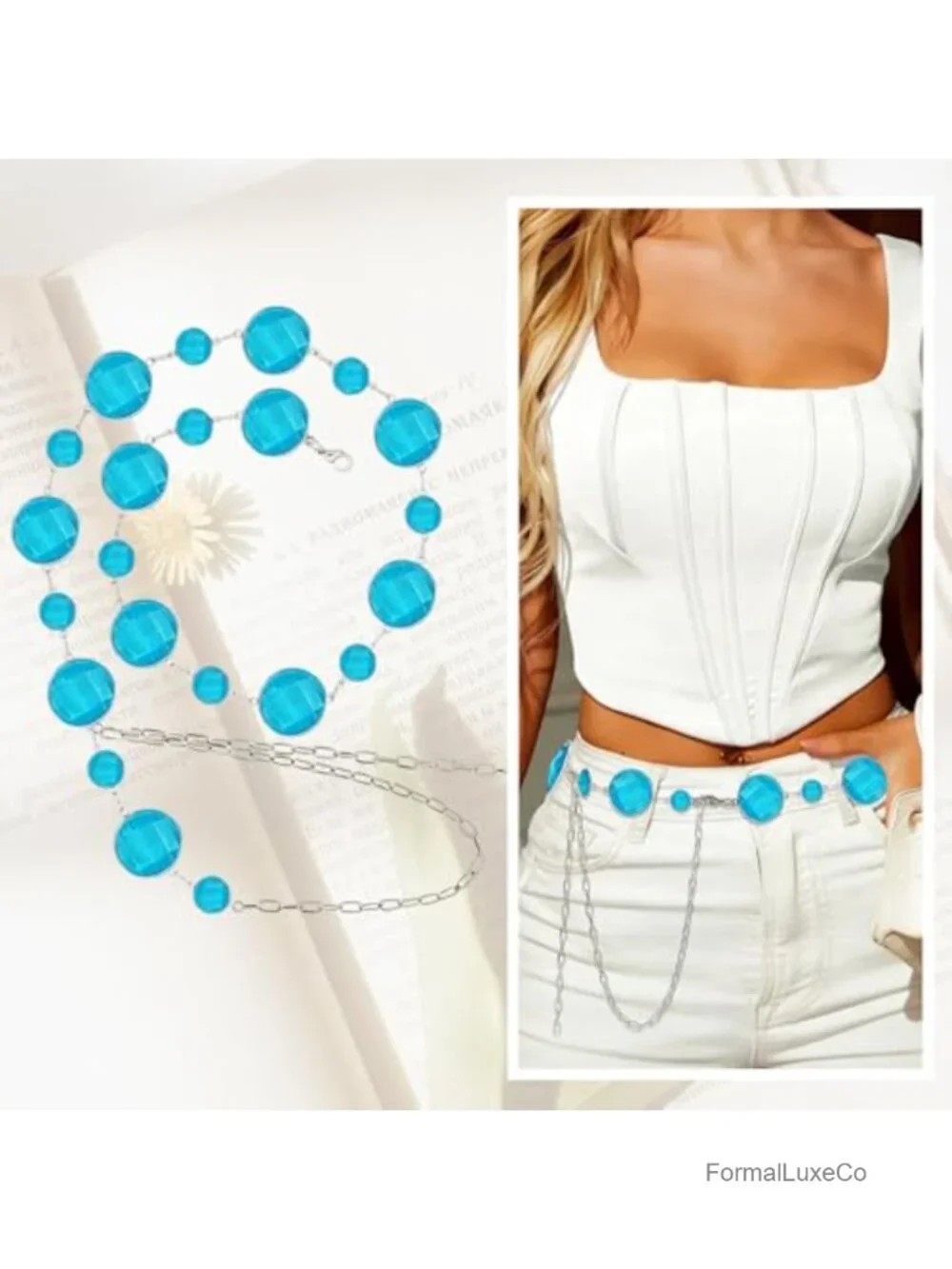 Women's Crystal Chain Waist Belt Adjustable Silver & Blue Western Cowgirl Bridal